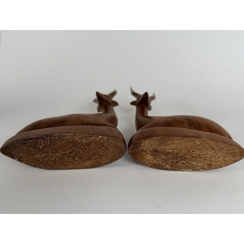 Mid Century Hand Carved Teak Wood Antelope Gazelles Figurines Pair MCM Vintage ￼